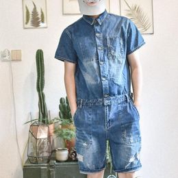 Heren jeans zomer korte mouwen een stukje mannen jumpsuits single breasted denim overalls jongens knie lengte shorts gescheurd gewassen broeken's