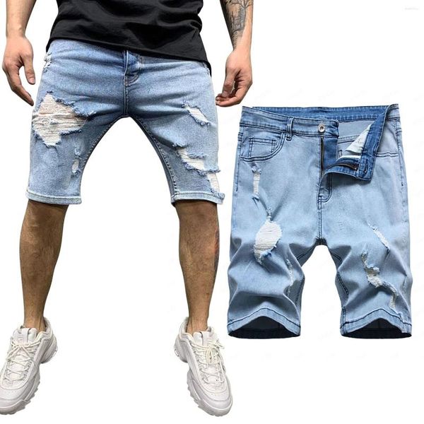 Jeans masculin Summer Slim Sexy Hole High Street Shorts pantalon athlétique pour les hommes avec des poches courtes pour hommes