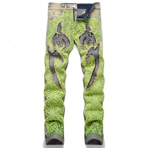 Heren jeans Summer Street Green SpiderWeb geborduurde jeans mode mid-taist casual slanke pit broek mannen 230812