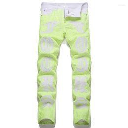 Jeans pour hommes Summer Street Light Green Mesh Alphabet Broderie Mid-Taille Stretch Slim Pantalon Tendance de la mode