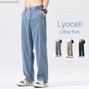 Jeans masculin Summer Baggy Baggy Lyocell Jeans pour hommes Fashion Silk Elastic Fashion Business Casual Straight Colters Black Grey Blackl2404