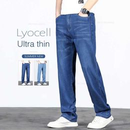 Jeans masculin Summer Lyocell Mens Jeans Ice Silk Drape Business Business Straight Elastic Casual Jeans pantalon 42 44 46 J240507