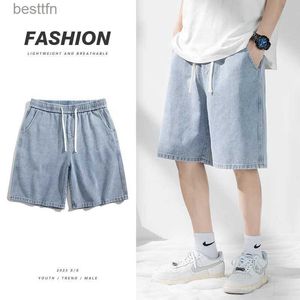 Jeans pour hommes Été mince hommes Denim Shorts Baggy droit mode taille élastique bleu clair jean court coréen Streetwear genou ShortsL231208