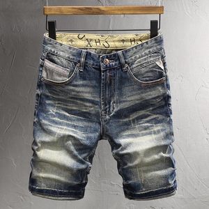 Heren jeans zomer trendy mode mannen retro gewassen blauw elastisch gescheurde korte homme vintage ontwerper casual denim shorts