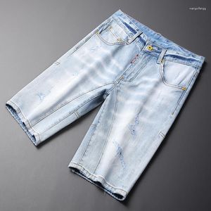Jeans pour hommes Summer Trendy Mode Hommes Rétro Bleu Clair Splice Designer Élastique Ripped Court Vintage Casual Denim Shorts