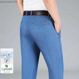 Jeans masculin Summer Ultra-Thin Mens Lyocell Jeans Classic High Waited Business Skirt Iron Free Free Denim Pantrers Brand Mens Pantsl2404