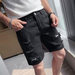 Jeans masculinos verão branco preto homens denim shorts magro casual joelho comprimento buraco curto para calça rasgada desgastada denimmen's