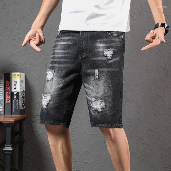 Jeans pour hommes été blanc noir déchiré Denim Shorts Slim décontracté genou longueur court droit trou grands hommes