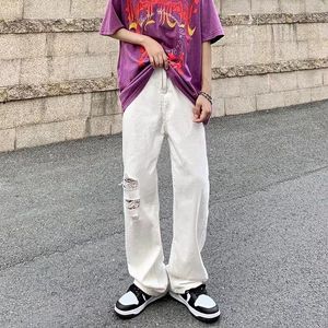 Jeans pour hommes été blanc déchiré hommes mode décontracté jambe large Streetwear ample Hip Hop trou droit Denim pantalon hommes pantalon hommes