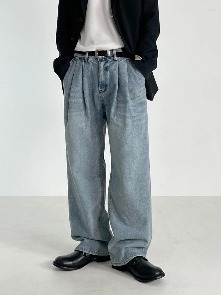 Mäns jeans Syuhgfa breda ben koreanska stilfickor baggy manlig denim raka byxor high street 2024 vårtrend