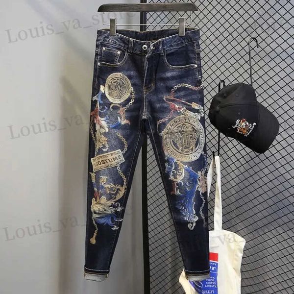 Jeans masculins jeans graphiques effilés pour hommes avec pantalon cowboy de moto de hip hop imprime