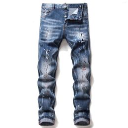 Jeans para hombres Tattered String Pintura de salpicaduras delgadas estiradas Pequeñosa personalidad recta Personalidad Scratch Fashion Moda M