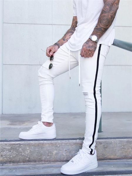 Jeans para hombres Tejanos Blancos Hombre Hole Mens White Slim Fit Side Stripe Biker Skinny Men Spijkerbroeken Heren Denim