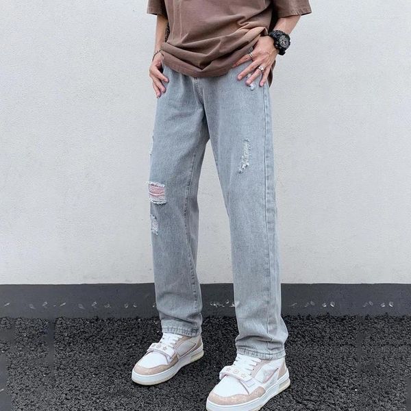 Jeans pour hommes TFETTERS Summer Style coréen Baggy Hommes Jambe droite Mid Rise Mince Mode Ripped Streetwear Hip Hop Casual Bottoms