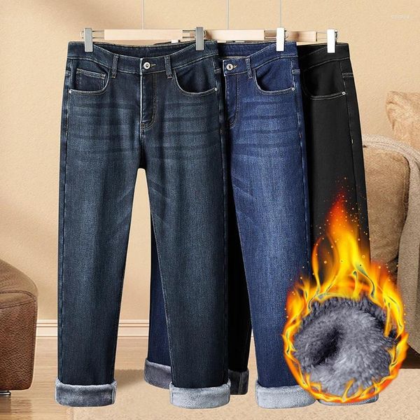 Jeans pour hommes épaissi hiver droit jambes larges affaires décontracté élastique pantalons longs avec velours mâle automne et style