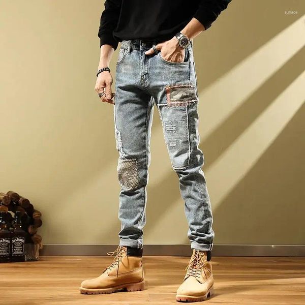 Jeans pour hommes Tuyau serré Homme Cowboy Pantalon Slim Fit Pantalon Stretch Skinny Moto Élastique Épissé Bleu Clair XS