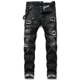 Heren Jeans Strakke skinny jeans met kleine pijpen met gescheurde plekken, elastische verf spetterde zwarte patchwork, bedelaarsbroek, Europese en Amerikaanse broek