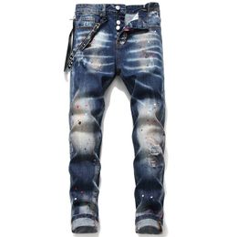 Herenjeans Strakke skinny jeans met kleine pijpen, gescheurde plekken en een niet-elastische verfspattende vintage blauwe bedelaarsbroek