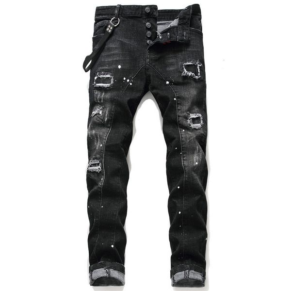 Jeans pour hommes Jeans moulants à petites jambes avec patchs déchirés, patchwork noir éclaboussé de peinture élastique, pantalon mendiant, pantalon européen et américain