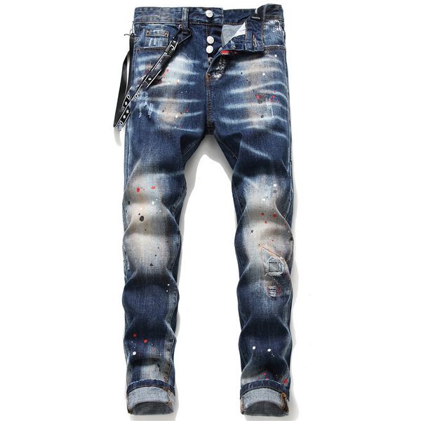 Jeans pour hommes Jeans moulants à petites jambes avec patchs déchirés et peinture non élastique éclaboussant un pantalon de mendiant bleu vintage