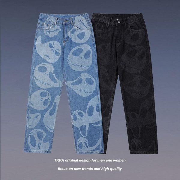 Jeans para hombres TKPA Ins High Street Denim Pantalones Hombres y mujeres Country Tide Brand Retro American Full Print Straight Loose Pierna ancha