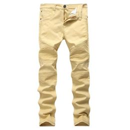 Pantalones vaqueros para hombre de calidad superior Khaki Biker Jeans diseño plisado para hombre pantalones de mezclilla elásticos ajustados recién llegados Hip-Hop Street Ripp258A