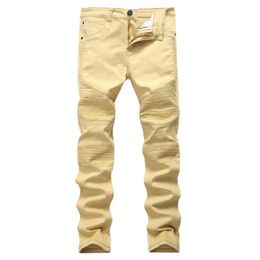 Jeans pour hommes Top qualité Kaki Biker Jeans Conception plissée Hommes Skinny Slim Stretch Denim Pantalon Nouvelle Arrivée Hip-Hop Street Ripp230t