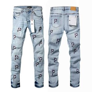 Jeans masculin de qualité supérieure de qualité violette roca jeans brodered lettre p américaine pantalon de jambe droite et mince j240429