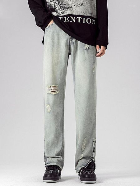 heren jeans gescheurde broek high-street hiphop y2k modemerk open rits met vork punkstijl zwart