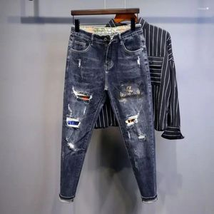 Heren jeans gescheurd taps toelopende man cowboybroek met strass broek gescheurd grafische gaten print gebroken origineel Y2k streetwear Xs