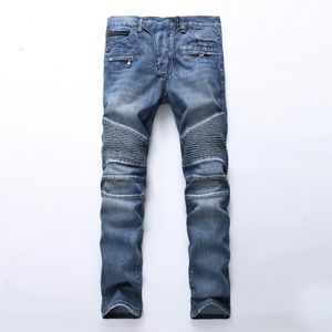 Jeans pour hommes Commerce Classique Rétro Jeans Hommes Droite Mince Fermeture Éclair Décoration Lumière Pli Maigre Denim Pantalon De Mode Stretch Hip Hop Jogger Jeans 230313