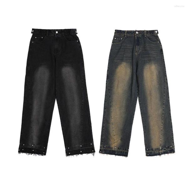 Jeans pour hommes tendance mode rétro coupe ample et conception de rivet épissé pour femmes pantalon polyvalent mince