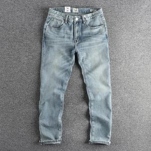 Jeans pour hommes tendance mode printemps vintage do vieux coton lourd élastique hommes bleu clair jeunesse pantalon blanc