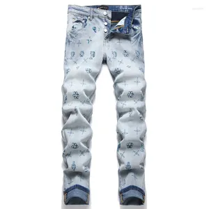 Jeans pour hommes Tendance Imprimer Bleu Jambe droite 2024 Taille moyenne Slim Stretch Pantalons décontractés Hip Hop Denim