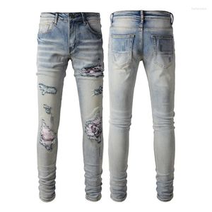 Jeans pour hommes Trendamiri européen et américain High Street Trendy Patch en détresse Slim Fashion Leggings Pantalons décontractés élastiques plissés