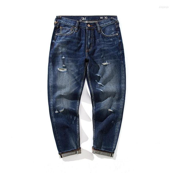 Jeans pour hommes à la mode bas coton bleu foncé lisière lavé lourd japonais Vintage lisière Denim pantalon pour hommes EW2102009