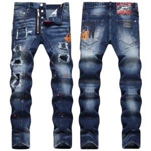 Brands de jeans pour hommes Patches en détresse des lignes en désordre colorées imprimées petit tube droit taille moyenne High Street décontractée et à la mode pour les hommes