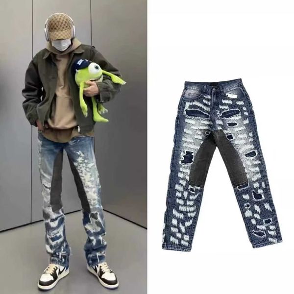 Jeans pour hommes marque tendance pour nouveau pantalon long imprimé bleu foncé à encre éclaboussée personnalisé en détresse et élégant