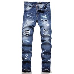 Jeans para hombres Marca de moda Parche de agujero Slim Fit Straight Casual Ripped para hombres Pantalones de mezclilla impresos de alta calidad Personalizado Azul 230926