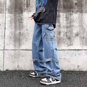 Heren jeans trendy vracht mannen casual rechte denim broek poot rits pocket joggers tactische broek streetwear harem kleding