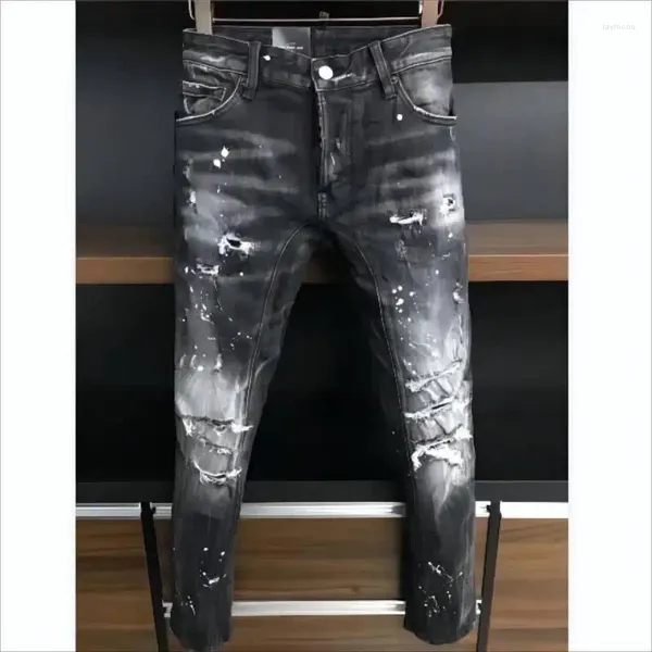 Jeans pour hommes Trendy Casual High Street MotoBiker Denim Tissu Lettre Pantalon Mode Trou Peint A379