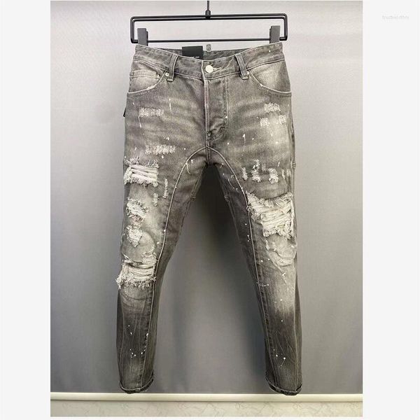 Jeans pour hommes à la mode décontracté trou peint à la bombe hommes mode haute rue Denim tissu pantalon A515