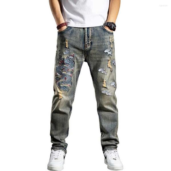 Jeans pour hommes Trendy Brodé Retro Denim Hommes Casual Ripped Pantalon droit Regular Fits Streetwear Distressed Plus Taille Vêtements