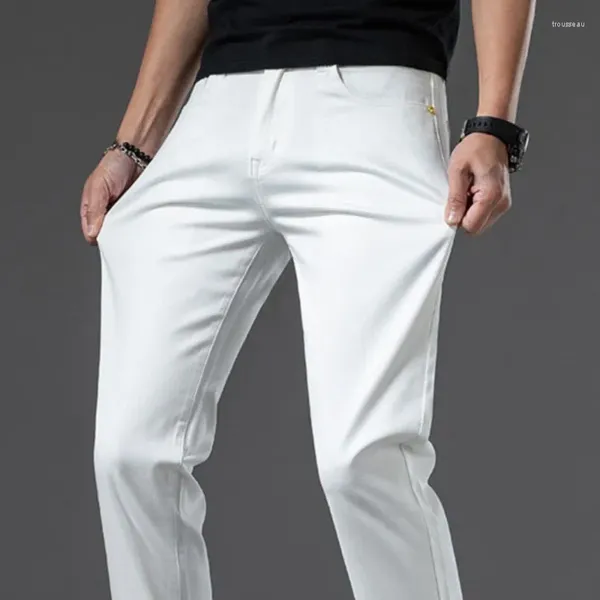 Jeans masculin à la mode kaki blanc droit de jean droit de taille en bille à la taille élastique pantalon de coton décontracté