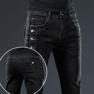 Heren jeans trendy mannen kleding slanke knop zwarte vaste kleur stretch skateboard multi button jeugd mannelijke magere denim broek 220923