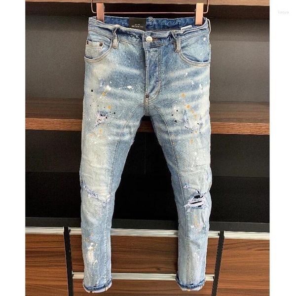 Jeans de hombres modernos Motobiker High Street Casual Denim Fabric Faith Pants Fashion Hole Pinted A368