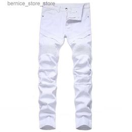 Men's Jeans Tendance Patchwork blanc plissé hommes coupe ajustée Biker jean solide Long Denim pantalon hommes vêtements décontracté Hombres moto jean Q231213