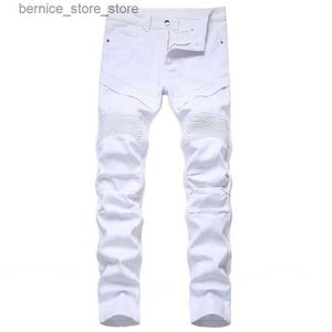 Men's Jeans Tendance Patchwork blanc plissé hommes coupe ajustée Biker jean solide Long Denim pantalon hommes vêtements décontracté Hombres moto jean Q231213