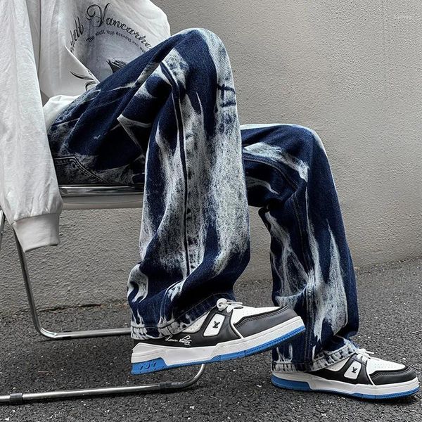 Jeans para hombres Moda Tie Dyed High Street Wide Pierna recta Streetwear Hombre Denim Hip Hop Masculino Casual Pantalones de gran tamaño VB65