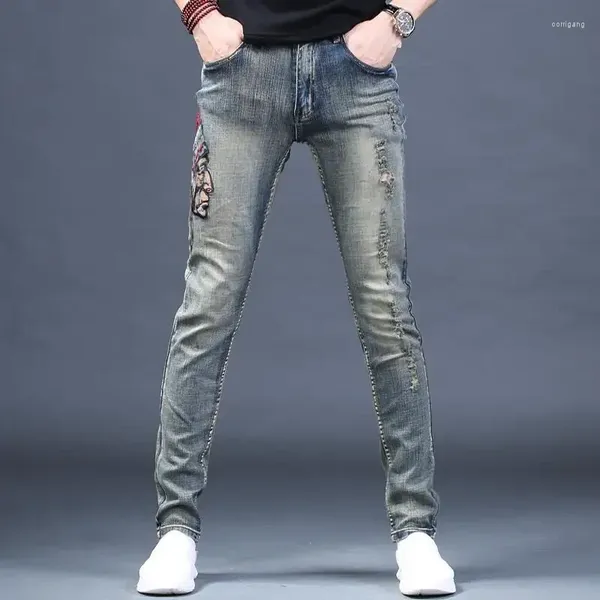 Jeans pour hommes pantalons graphiques cassés homme cowboy pantalon déchiré déchiré tuyau serré broderie maigre avec trous vintage slim fit y 2k